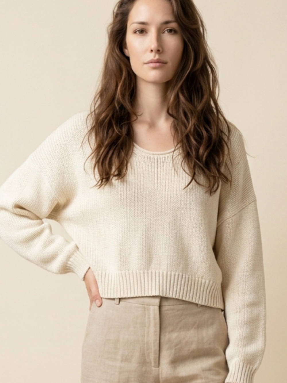 Free People Cream Scoop Neck Knit Sweater